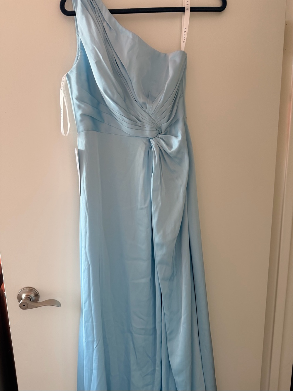 Azazie One-Shoulder Sky Blue Stretch Satin Gown